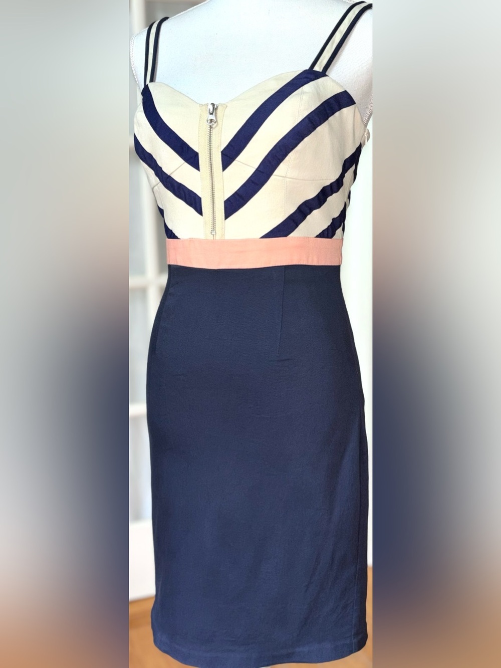 Pink Martini Navy Chevron Colorblock Zip Front Sheath Dress M